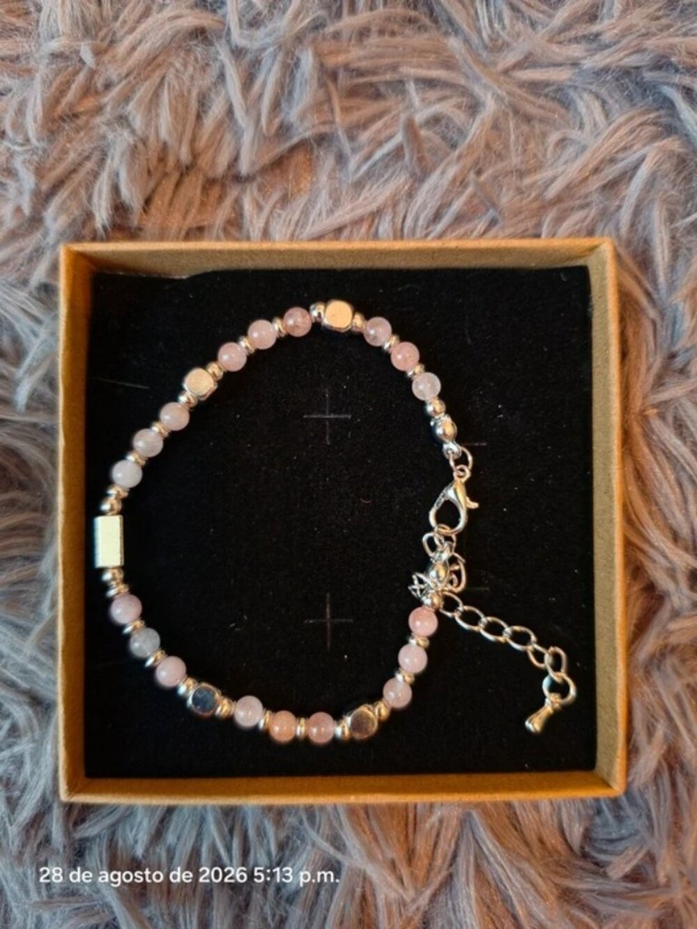 Pink Jasper Round Beaded Bracelet w/ Link Chain Extender, Lobster Clasp, Dangle
